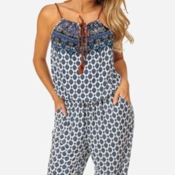 WOMEN'S JUNIORS BLUE PRINTED HALTER NECK JUMPSUIT - Picture 1 of 5
